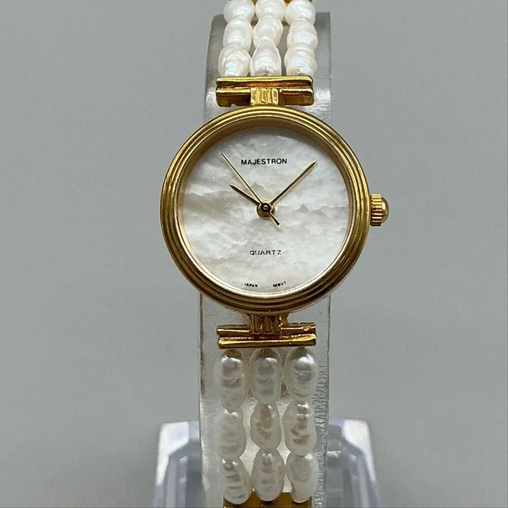 Vintage Majestron Womens Watch 22mm MOP Dial Gold Tone Beaded New Battery 7.5